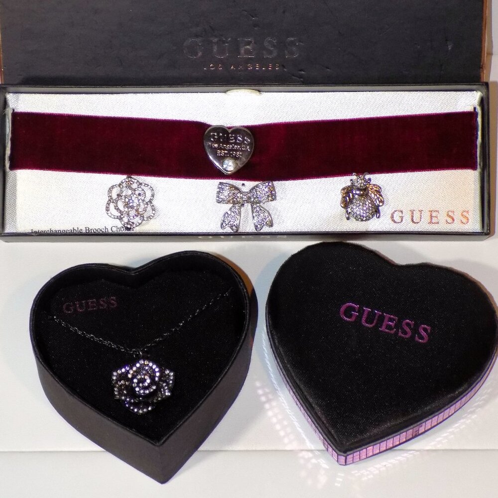 Lot 2 New Guess Interchangeable Brooch Choker & Crystal Flower Necklace Bundle